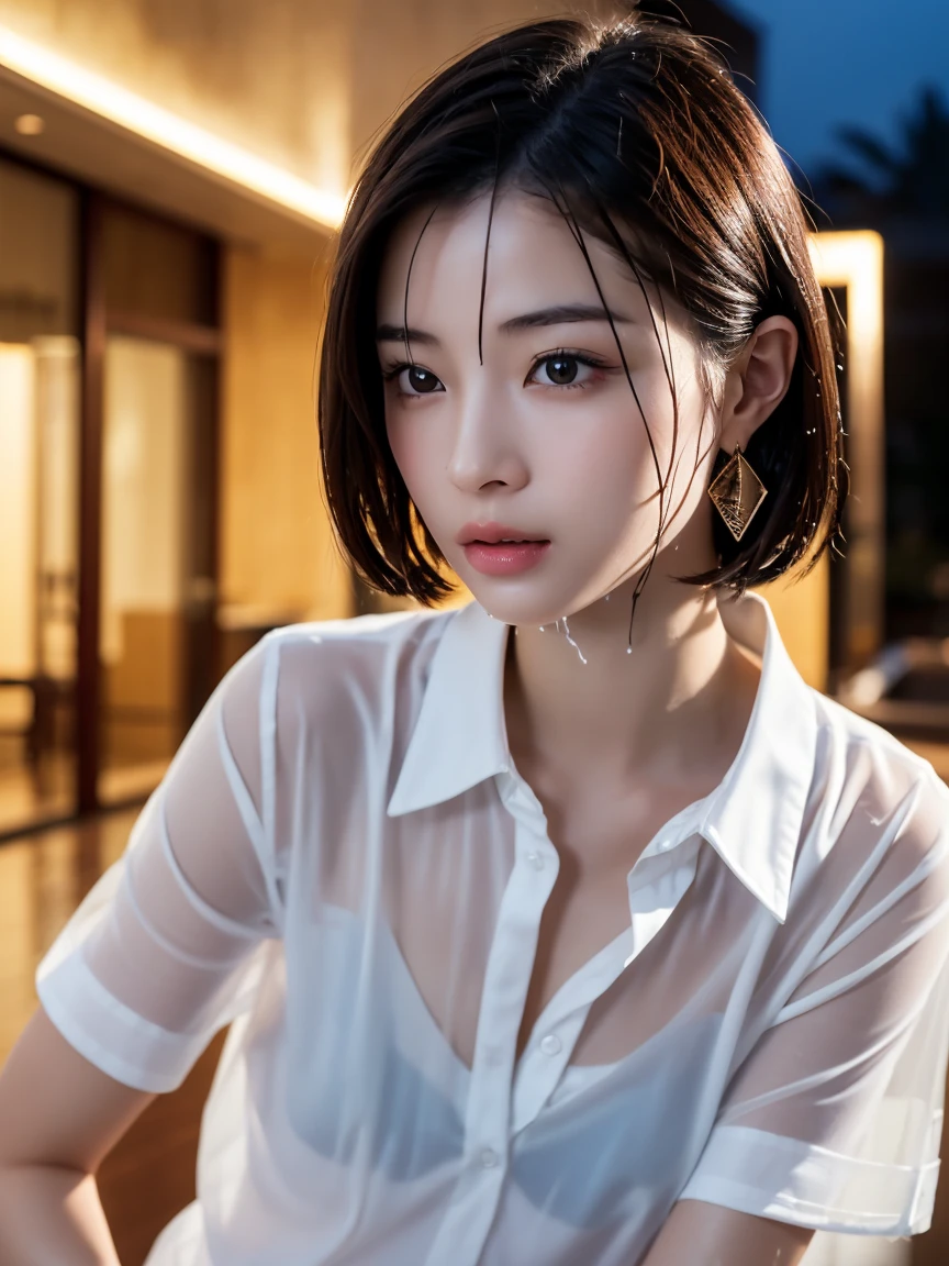 masterpiece:1.2, Very detailed, Ultra-high resolution, Realistic, photo Realistic:1.6, High-resolution RAW color photos, Professional photos, Sharp focus:1.2, Very detailed顔と肌の質感, Very beautiful eyes, Glossのある肌, Glowing Skin, Glowing Skin, Shining Face, Gloss, Oily skin, greasy face, Oily skin, greasy face,, real Glossのある肌 texture, Perfect Anatomy, Very detailed背景,(Luxury resort room at night)),1 female,2 woman, Japanese women,height: 168cm,short hair, Straight hair, bangs, Brown Hair,((Flat Chest:1.6)), (See-through white short-sleeved collared shirt),(A wet and very transparent shirt:1.6),(Open shirt:1.3),Luxury earrings、Luxury Necklace、A wet and very transparent shirt、A wet and very transparent shirt、Invite to sex