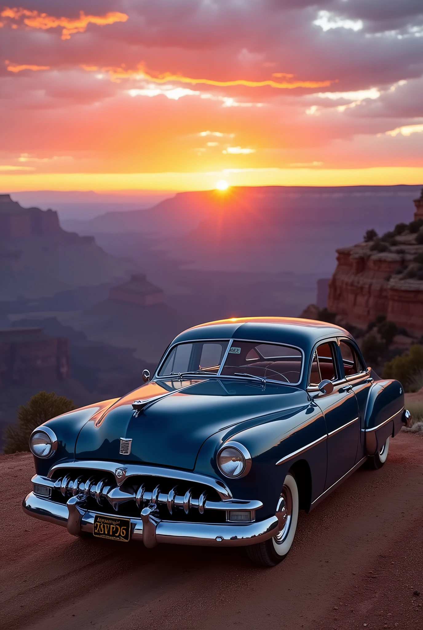 Mercury Eight 1949 Dark blue in the Grand Canyon with a sunset