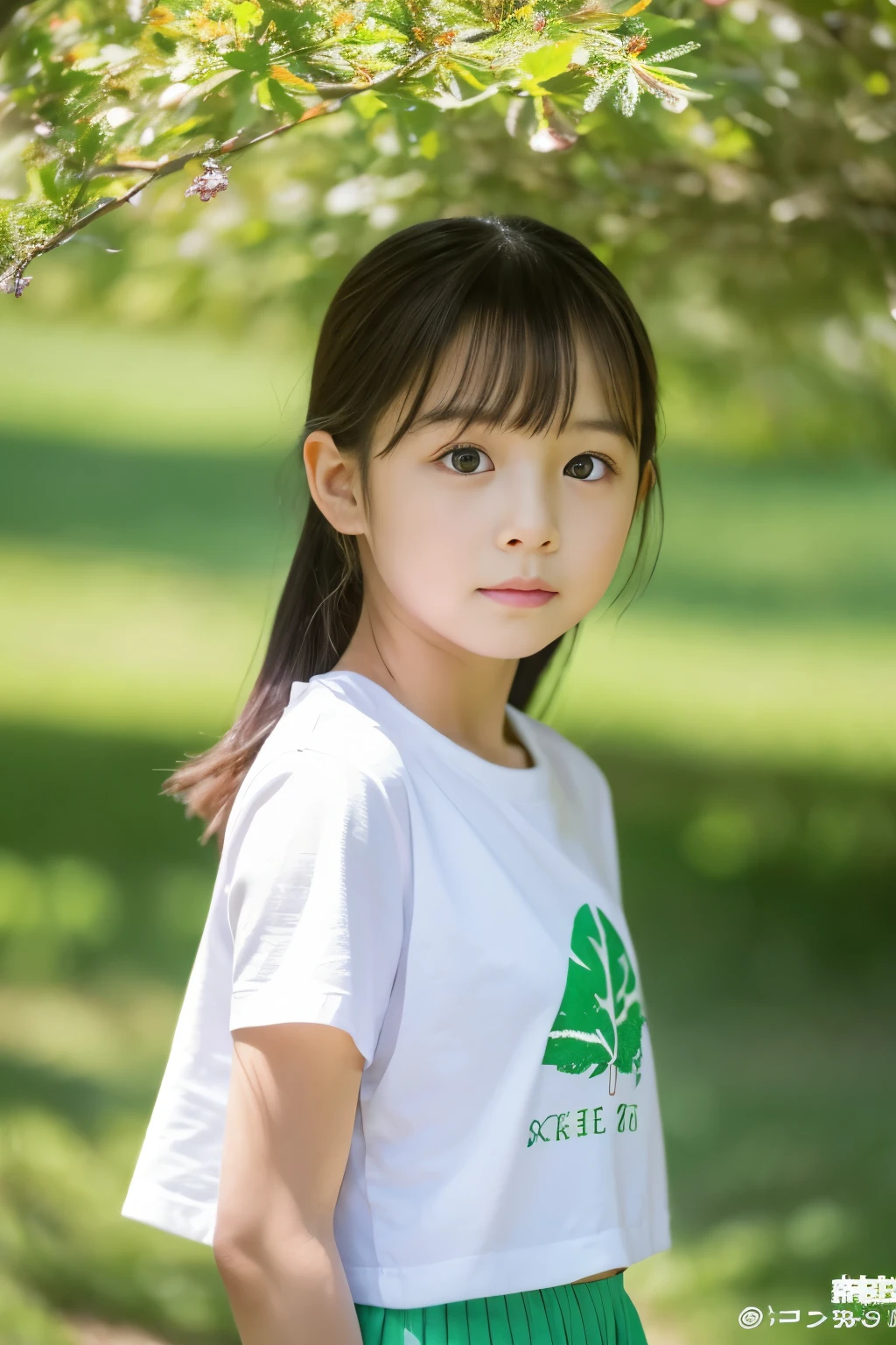 8k,masterpiece,Japanese,,from the front,Innocent face,Calm Eyes,Childish,T-Shirts,Short sleeve,Short skirt,semi-long,noon,bright,By the side of a fresh green tree