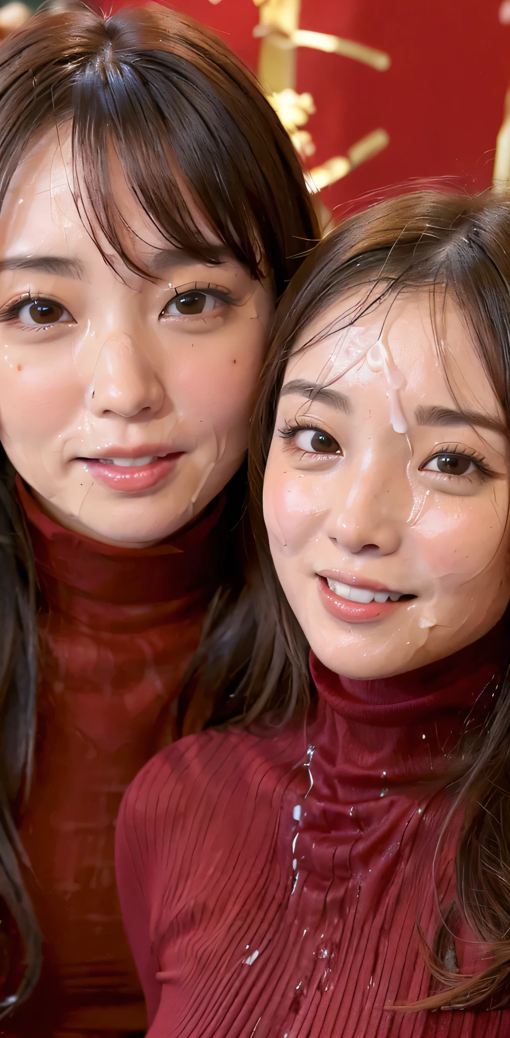 (Tabletop、Highest quality、8k、Award-winning works、Ultra-high resolution)、(Group photo of two women 1.4)、(The perfect red turtleneck:1.65)、(Smeared red turtleneck sweater:1.1)、Both((Very huge  bigger than a face:1.65))、Accentuate your body lines、very long wavy hair、Bright and shiny lipstick、(The biggest smile looks at me:1.1)、(Please smile widely and show your beautiful teeth.:1.1)、(Two women standing side by side:1.4)、Glowing Skin、(Face close-up:1.5)、(Sexual background:1.45)、Accurate anatomy、Ultra HD Hair、Ultra-high definition beauty face、Shining, Ultra-high resolution beautiful skin、Ultra-high resolutionの艶やかな唇、(Face covered in lots of:1.75)、(Two women facing the front:1.3)、(The body faces straight ahead:1.1)