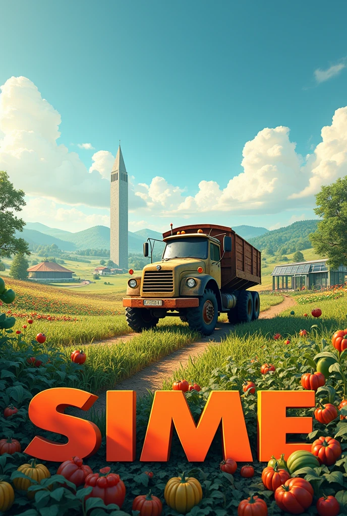 write boldly "Sime PLC..." at the bottom,A farming truck on a huge farm land, a tall building on a far behind, different kind of farm products on th land, a shade made of glass on the land,