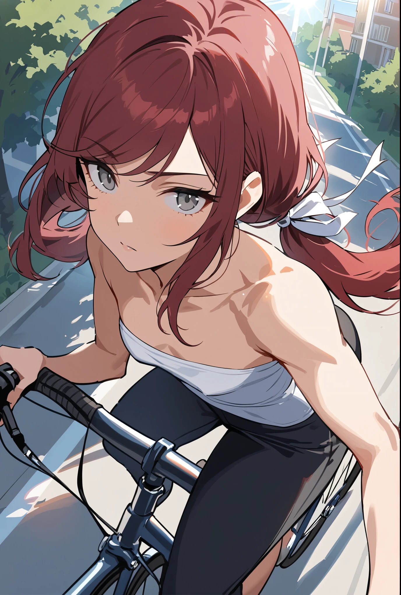 Masterpiece, high Quality, detailed face,, stoic, Gray eyes, dark red hair, swept bangs, low twin tails, white ribbons, white strapless shirt with white trim, black jeans, small breasts, toned arms, woman riding bicycle, sun rays, bags, from above, neighborhood, street, trees,