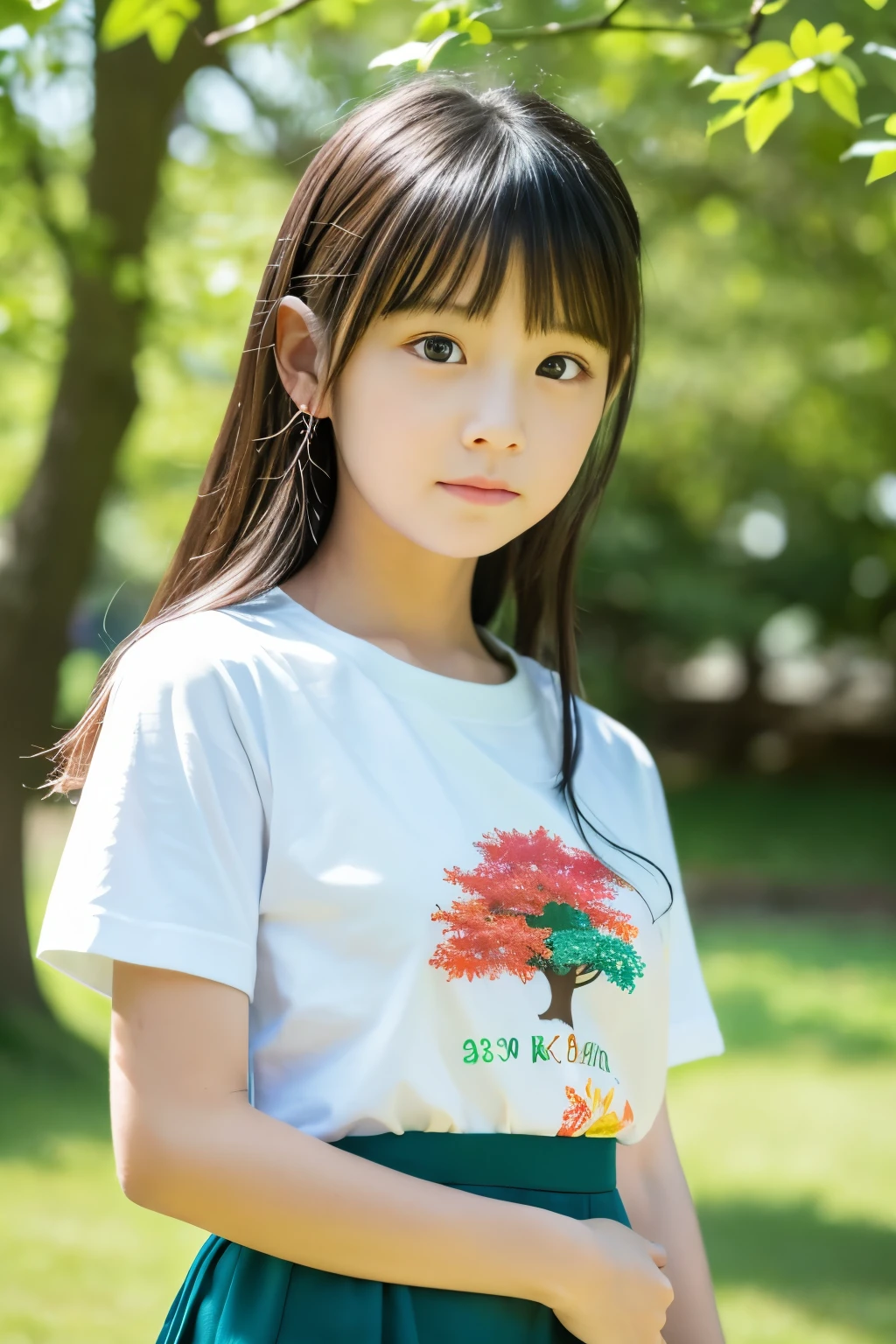 8k,masterpiece,Japanese,,from the front,Innocent face,Calm Eyes,Childish,T-Shirts,Short sleeve,Short skirt,semi-long,noon,bright,By the side of a fresh green tree