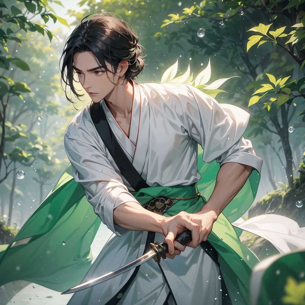 A Handsome black-hair male holding a large sword in white hanfu dress, Background is trees, vegetables, lush green, with water drops after rain, with water droplets everywhere, green, close up.