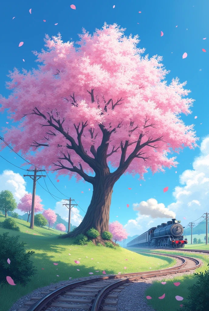 blue sky,
Big cherry tree,
Train and tracks with cherry blossom petals falling from the blue sky