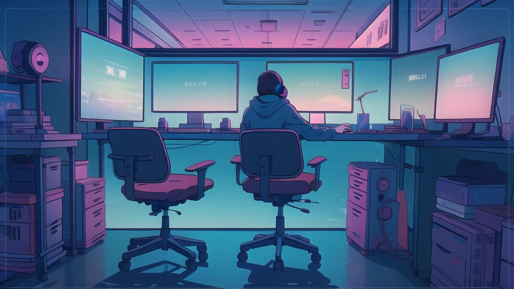 (extremely detailed CG unity 8k wallpaper), (best quality), (best illustration), (best shadow), realistic lighting, beautiful detailed reglow, masterpiece, best quality, lofi artstyle, lofi art, 80s anime style, Retro, Lo-Fi,  Lofi Sensation, Portrait of Lofi, Lofi Colors, Lofi Vibes , Lofi atmosphere, Lofi hip hop, solo, 1boy, sitting, male focus, pants, indoors, hood, from behind, headphones, chair, scenery, science fiction, cable, monitor, office chair, wire