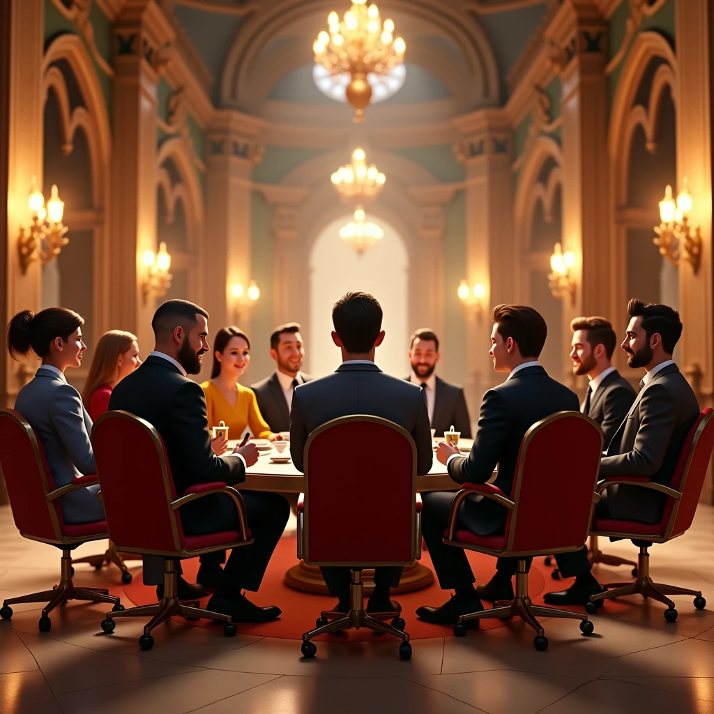 wide back view of successful entrepreneurs small crowd , sitting down in a majestic hall, pixar character, pixar renderman render, pixar octane render, pixar, as a pixar character, pixar portrait 8 k photo, depicted as a pixar character, pixar render, ideal pixar character, 3d model pixar render, render in pixar, by Pixar, pixar 3d render,