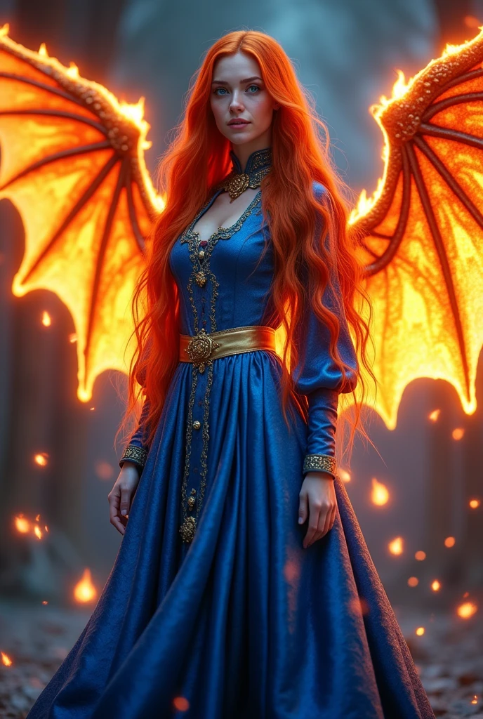 "A high-definition, 16k raw photograph of a beautiful young woman with long, flowing red hair that shimmers like fire. Her bright blue eyes are filled with confidence and warmth. She wears a fully covered collar dressin vibrant shades of royal blue and gold, reflecting her connection to the Dragon Flame. The gown features a high neckline, long fitted sleeves, and a flowing, layered skirt with subtle golden accents that shimmer as she moves. A golden sash at the waist adds a regal touch. Her wings are large and flame-like, with a base of deep blue that transitions into fiery orange and golden tips. The wings are semi-translucent with glowing patterns that resemble flickering flames, casting a warm, radiant light around her. The edges of the wings have a glowing outline that enhances their fiery aura. The overall image is bright and vibrant, focusing on her confident stance, the fiery colors of her modest gown, and the glowing wings that exude a powerful, magical presence."