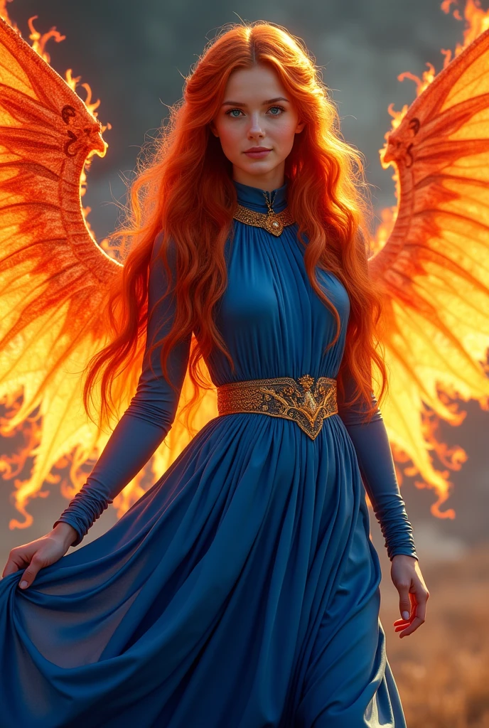 "A high-definition, 16k raw photograph of a beautiful young woman with long, flowing red hair that shimmers like fire. Her bright blue eyes are filled with confidence and warmth. She wears a fully covered collar dressin vibrant shades of royal blue and gold, reflecting her connection to the Dragon Flame. The gown features a high neckline, long fitted sleeves, and a flowing, layered skirt with subtle golden accents that shimmer as she moves. A golden sash at the waist adds a regal touch. Her wings are large and flame-like, with a base of deep blue that transitions into fiery orange and golden tips. The wings are semi-translucent with glowing patterns that resemble flickering flames, casting a warm, radiant light around her. The edges of the wings have a glowing outline that enhances their fiery aura. The overall image is bright and vibrant, focusing on her confident stance, the fiery colors of her modest gown, and the glowing wings that exude a powerful, magical presence."