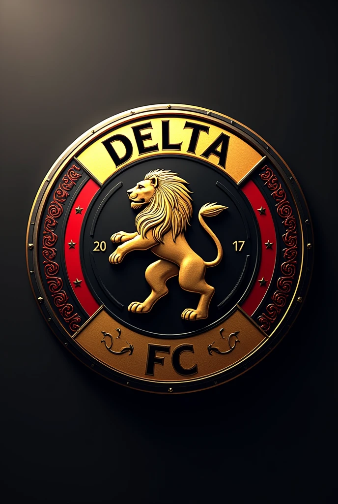 FOOTBALL SHIELD OF A TEAM CALLED DELTA FC, whose main mascot is a lion and its colors are black, Gold with fine red details Let the name be on the shield and the shield be round be round