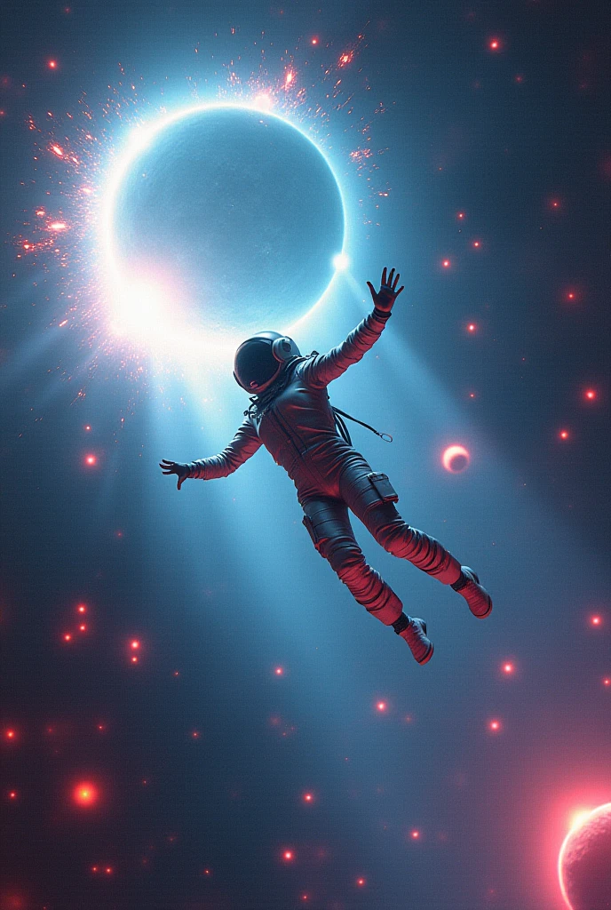 Woman fell from space to an electronic music concert and with the word sbagliato in the background, while a planet collides and lights begin to turn on