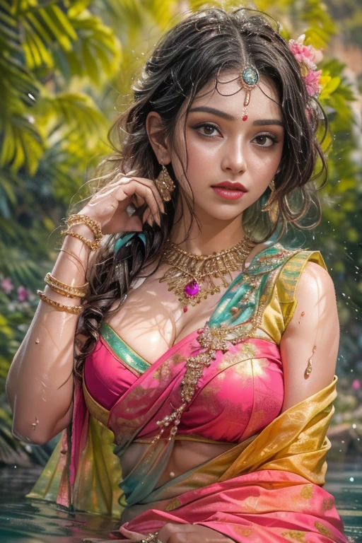 Portraiture,(Viewer discretion advised 0.75) ,woman, ((Princess Pose)) ,Very very big breasts, Soft Nylon Sexy Saree , orange , pink ,Teal,red, yellow ,Modern Light Wedding Saree with Floral Design,  colorful, Flower Armor,  Excellent anatomy,  最high quality,  (((masterpiece))),  high quality,  Realist,  最もdetailedな,  detailed,  Realist skin,  皮膚のdetailed,  Under the chest,  Beautiful poses in a magical fairy tale,Lehenga Choli, Soaked in water , Wet saree, Meadow Background , Bokeh effect , Chubby , Nipples are visible , Put milk into the breast,Off the shoulder, Strapless blouse, Different ways to wear a saree,(Multi-chain jeweled blouse),(Add jewels to your blouse)(Looking back at the buttocks and back) ((Sitting on a rock, Spread your legs wide, Sally))