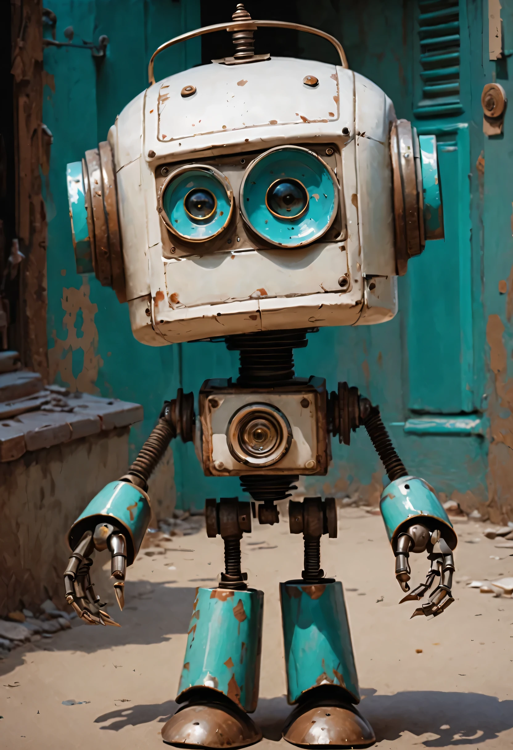 complete view. Funny little robot, porcelain face and head, big turquoise eyes, perfects eyes, high-quality style. A beautiful impressionistic cinematic image, a dark dramatic character, not styled by Jeremy Mann and Charles Dana Gibson, Mark Demsteder, Paulo Hedley. Spartak Mukanov.