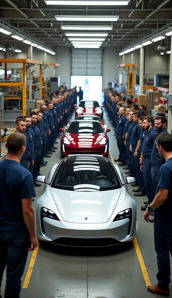 First Production Line**: A behind-the-scenes photo of the first Tesla Roadster rolling off the production line, capturing the assembly process and factory environment.