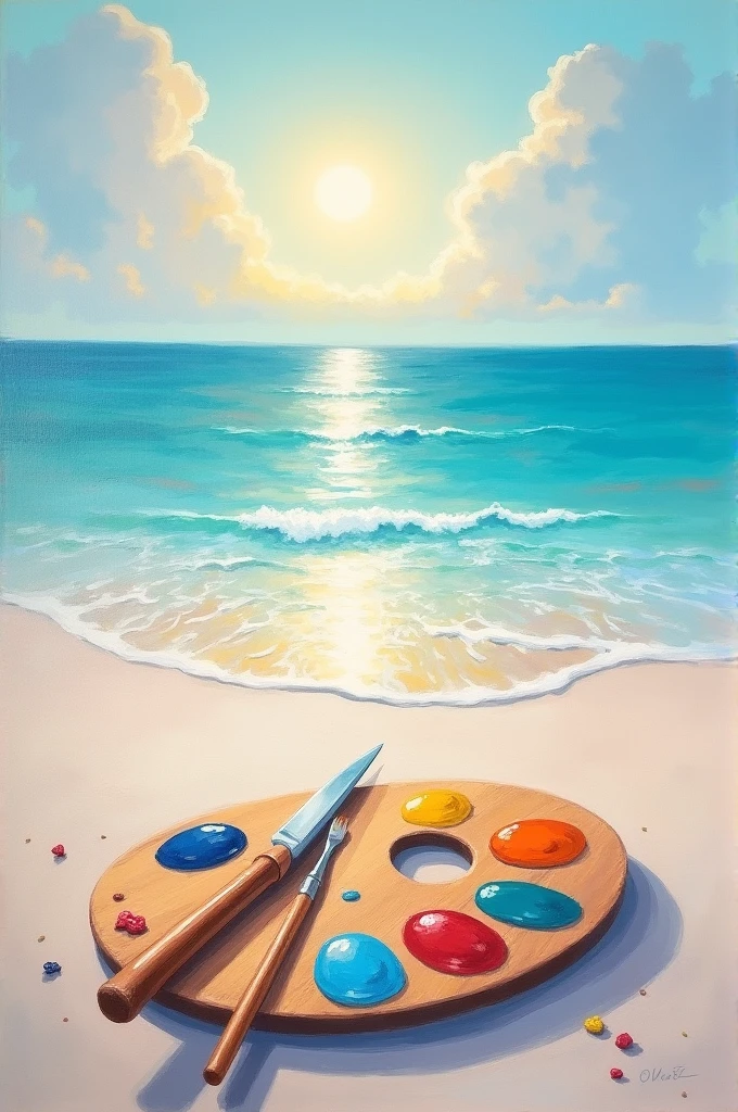 give me knife pallete painting if sea beack sky with light color
