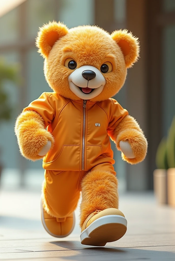 A healthy and smiling luxury teddy bear, representing the health benefits of the products. He could be portrayed in an active pose, as if exercising or playing sports. The mascot could interact with the influencer in photo shoots, videos and advertisements, promoting the health benefits of products.