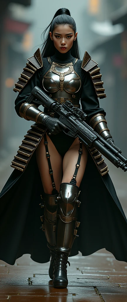 a chic ensemble stylish asian woman in samurai armours saunting with swagger strife with gun shooting, gun muzzle,   (best quality,4k,8k,highres,masterpiece:1.2),ultra-detailed,(realistic,photorealistic,photo-realistic:1.37),HDR,UHD,studio lighting,ultra-fine painting,sharp focus,physically-based rendering,extreme detail description,professional,vivid colors,bokeh,portrait,high fashion,elegant,glamorous,cinematic,dramatic lighting,moody,mysterious,sensual,sophisticated