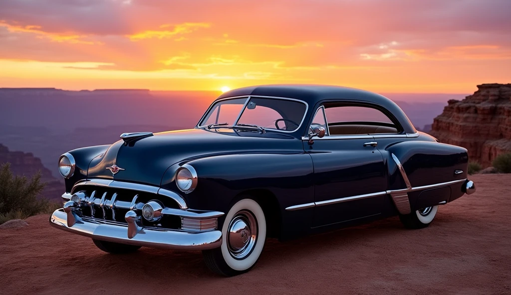 Mercury Eight 1949 Dark blue in the Grand Canyon with a sunset 