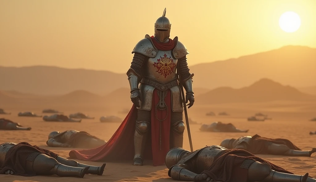 A highly realistic, high-contrast, 8K HD, detailed, hyper-detailed image of a fully armored knight bearing a lion emblem on his chest, standing while clutching his abdomen in pain after being defeated in battle. His face is obscured by a helmet, ensuring that no facial features are visible. The knight’s armor is marked by the harshness of the battle, with dents and bloodstains visible across its surface. Surrounding him are the bodies of other fallen knights, their armor similarly marked by the brutal combat. The desert sun casts a stark, unforgiving light over the scene, with long shadows stretching across the sand. The atmosphere is somber and intense, capturing the suffering and despair of the knight in his final moments. The image is of the highest quality, with ultra-high resolution, RAW photo quality, and Unreal Engine rendering, vividly depicting the tragic and harrowing scene in the vast, desolate desert.
