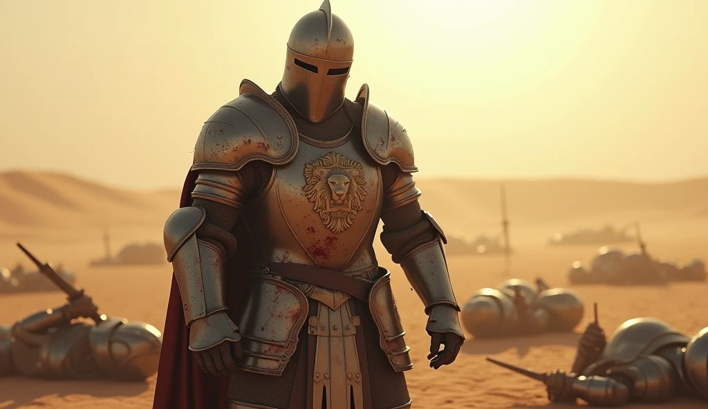 A highly realistic, high-contrast, 8K HD, detailed, hyper-detailed image of a fully armored knight bearing a lion emblem on his chest, standing while clutching his abdomen in pain after being defeated in battle. His face is obscured by a helmet, ensuring that no facial features are visible. The knight’s armor is marked by the harshness of the battle, with dents and bloodstains visible across its surface. Surrounding him are the bodies of other fallen knights, their armor similarly marked by the brutal combat. The desert sun casts a stark, unforgiving light over the scene, with long shadows stretching across the sand. The atmosphere is somber and intense, capturing the suffering and despair of the knight in his final moments. The image is of the highest quality, with ultra-high resolution, RAW photo quality, and Unreal Engine rendering, vividly depicting the tragic and harrowing scene in the vast, desolate desert.