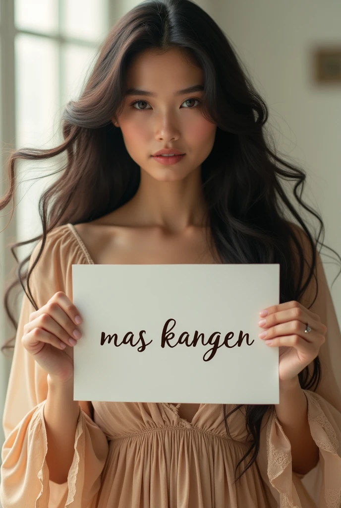 Beautiful girl with wavy long hair, bohemian dress, holding a white board with text "mas kangen" and showing it to the viewer