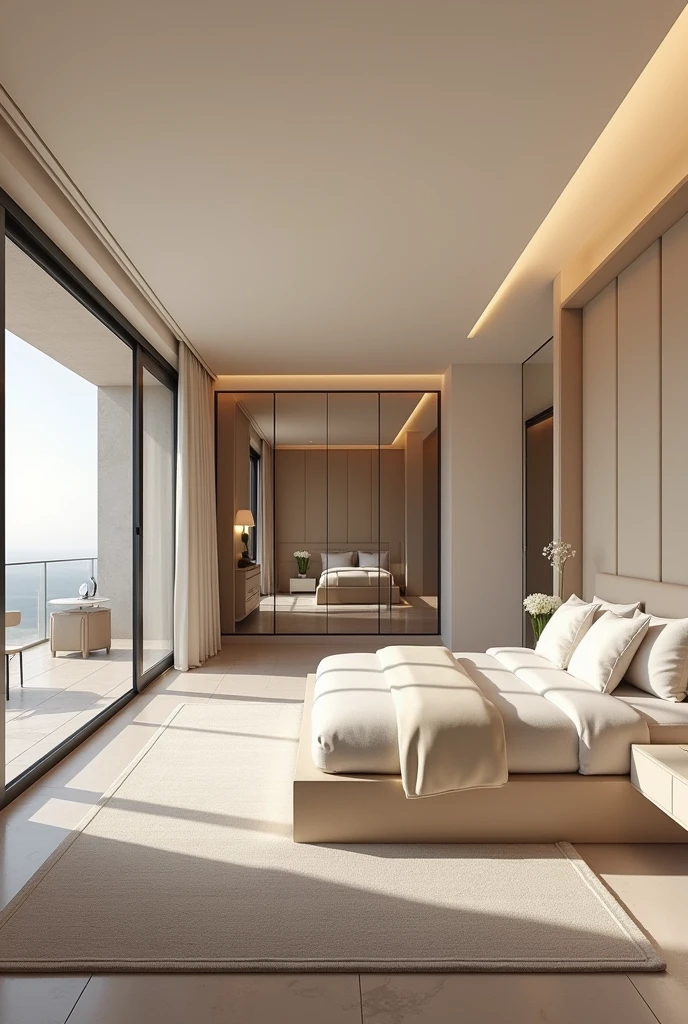 Photorealistic Modern and luxury bedroom interior design ideas in creame color theme.with bed near to bedroom door, door is located at left wall side of the bed. dressing room next to bedroom door , transparent glass cupboard ,balcony beside the bed