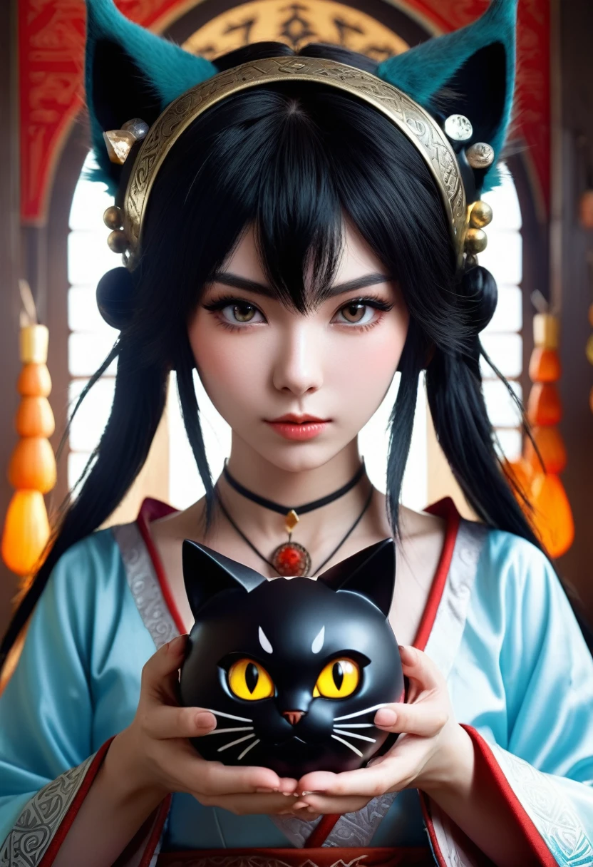 Monster Girl, Cat ear,20th Generation, fortune teller,Realistic Women, Black Hair,cute,spiritual,Front face
