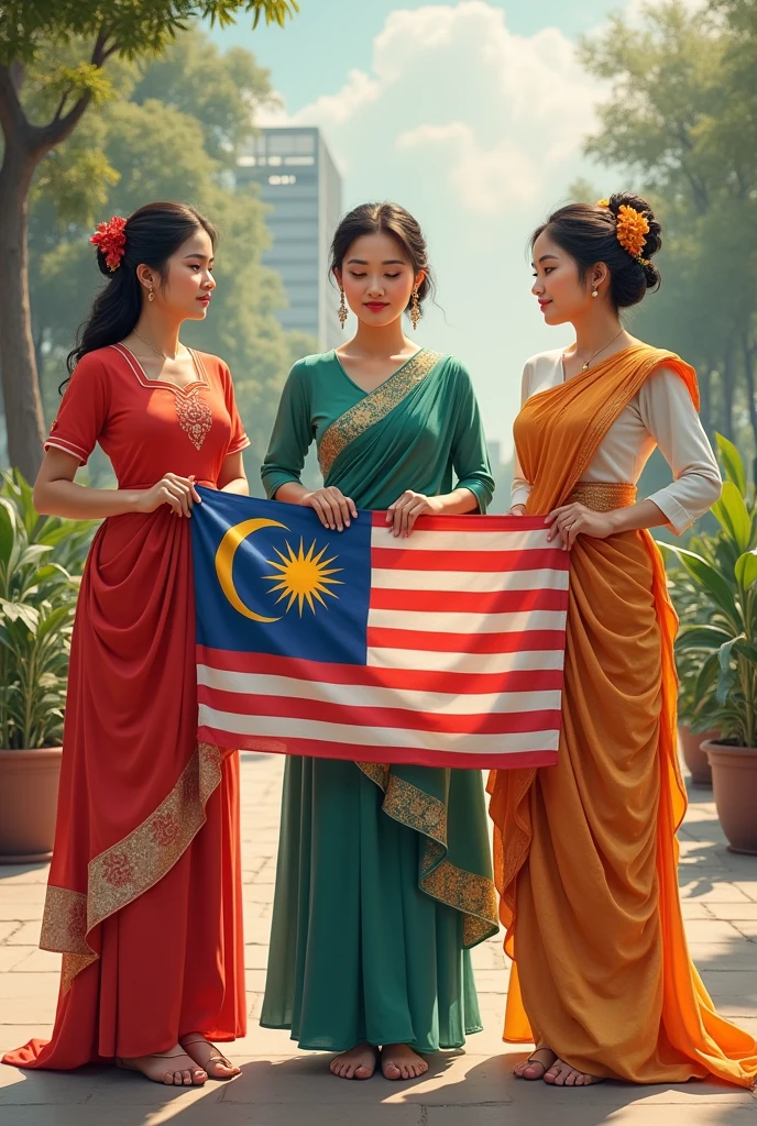 china,India,malay baju kurung their traditional baju, then hold the malaysian flag in a polite style and all the women wear beautiful clothes