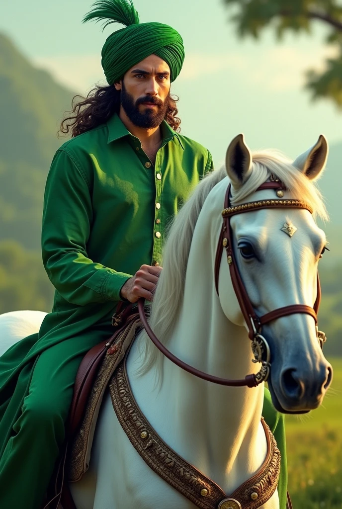 A very handsome young man is riding a white horse , long hair , blue eyes , diamond  face , big eyes with beard white face green  turban  on head in a beautiful green color dress with green  shirt  full neck