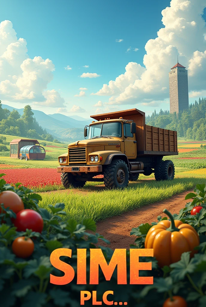 write boldly "Sime PLC..." at the bottom,A farming truck on a huge farm land, a tall building on a far behind, different kind of farm products on th land, a shade made of glass on the land,