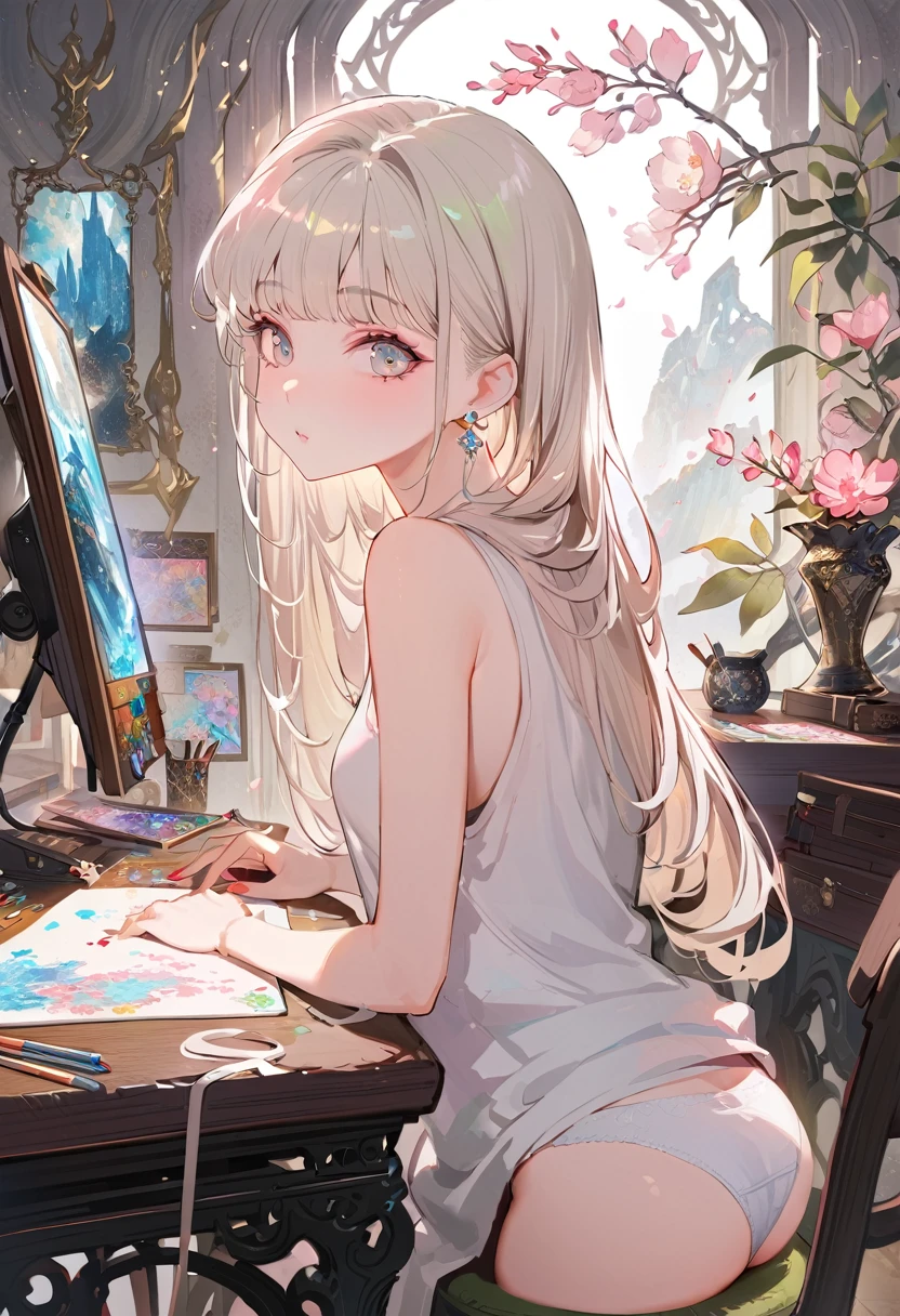 (Highest quality, masterpiece, Art Station, Fantasy art:1.2), Beautiful cute, (Long, messy, platinum hair:1.1), (White sleeveless long T-shirt, White panties:1.2), Empty marble room