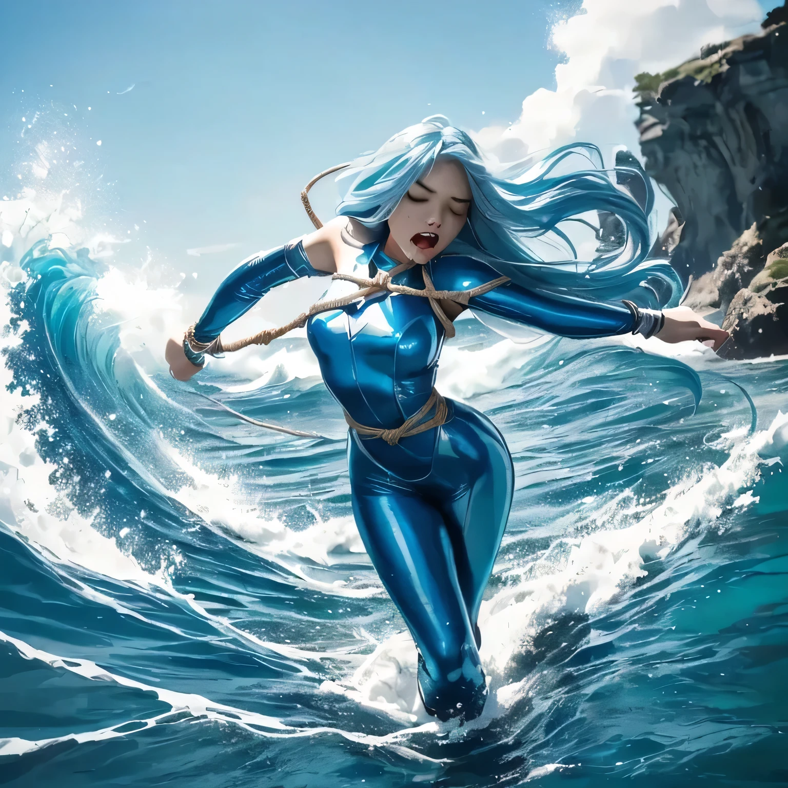 superheroine, she has long long gorgeous light blue hair, slender body, latex, leotard, blue and white costume, battles, bravery, cool action, but she was captured by enemy. ((rough rope wrapped around body, tighten up)), shibari, static restrained, ((arms behind back)), chained, rope bind, collared, cruelly, painful, helpless, humiliating, regrettable, ((screaming in pain)), ((running away desperately on the sea)), ((brown away by big wave)), impatient, falling body, eyes closed, ((directly large wave), lean back, body lying down, body fall down, floating in air, full body shot, on the sea.