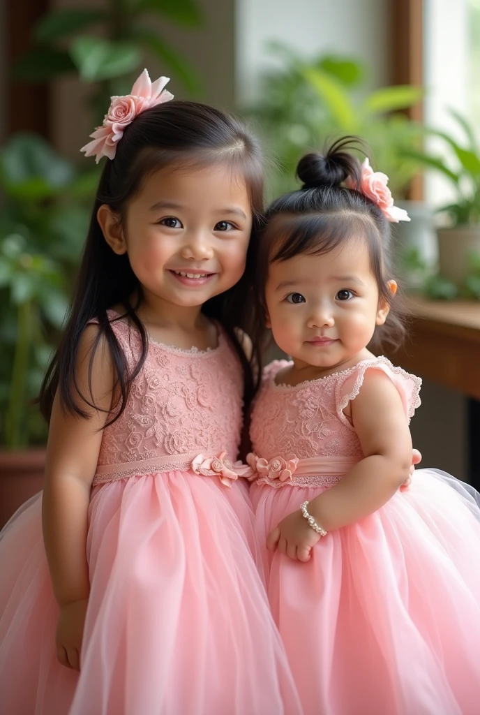 Create Real pinoy two kids gilr and baby girl 1years old wearing pink gown princess