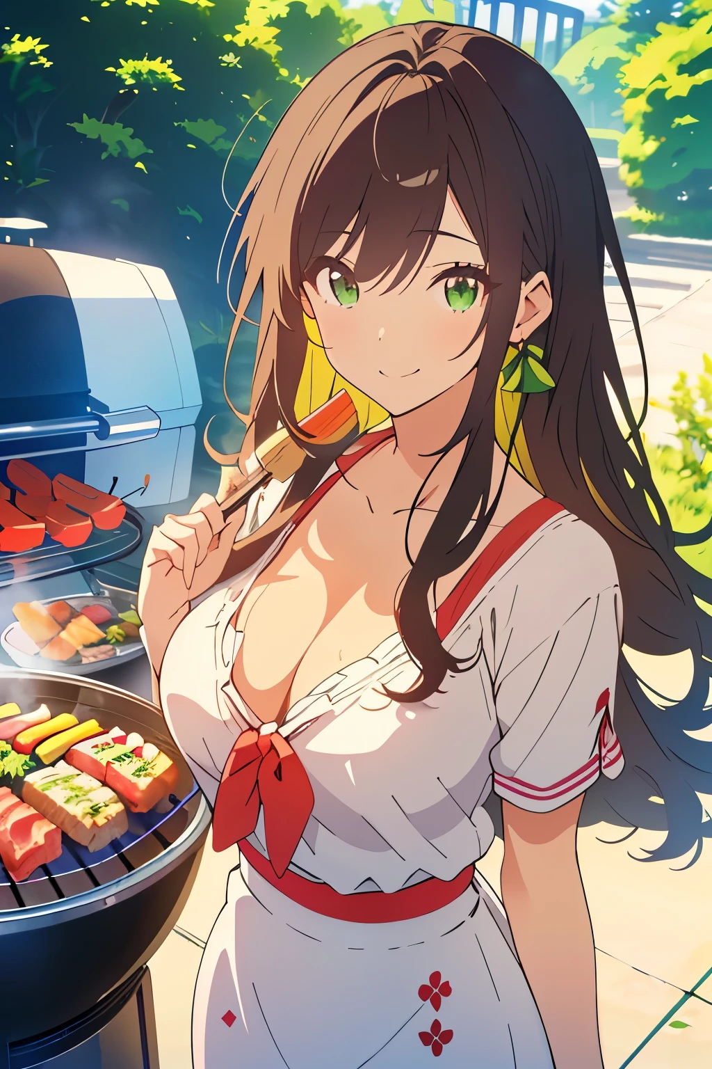 ((masterpiece, Highest quality, High resolution, 超High resolution, Pixel perfect, Written boundary depth, 4K, RTTX 10.0, High resolution))), 1 person, single, alone, Beautiful Anime, Beautiful art style, Anime characters, ((Shortcuts, bangs, Dark brown hair)), ((Green Eyes:1.4, Round eyes, Beautiful eyelashes, current eyes)), ((Smooth texture:0.75, Anime CG style)), ((Dynamic Angle, close)), Perfect body, (cute), Normal chest, whole body, ((4K, 8k, Highest quality, Perfect Fingers: 1.3, Perfect Anatomy: 1.3, Background Blur)), whole bodyアングル, Illustration of a person having a BBQ, Characters wearing casual summer clothes、Standing in front of an outdoor BBQ grill, She holds tongs in her hand、Smiling happily as he grills meat, In the background, there is a lush park and a river.、Picnic sheets and food are laid out