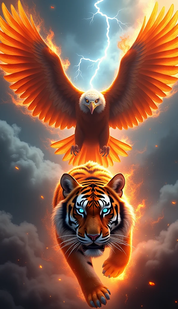 Fired eagle below eagle fired tiger with light blue hunting eye both face front , backside thunder