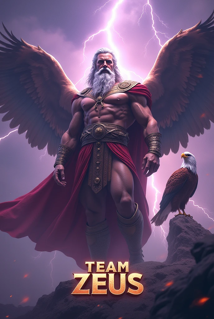 A zeus photo with a thunder with an eagle accent and phoenix in a purple themed inspire, as well as include the "team zeus" On it