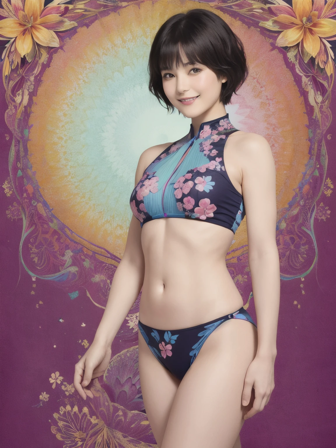 275 (20-year-old woman,short hair), (beautiful:1.1), (Fractal Art:1.2), (flower), whole body, (Abstract background:1.3), (Many colors:1.4), (Old-fashioned smile), Abdominal muscles, (Wave)