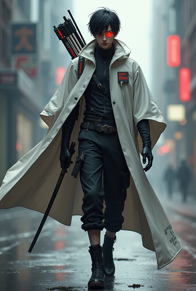 a male, short black hair around age 25, add red glowing color on right eye ball, add large black mole at face on left cheek, wearing tech white cloak, slim body, holding katana, cyberpunk, big name tag and add text "FAYRUL MATA DRAGON" on clock, holding katana, have bow on back, walking toward camera.