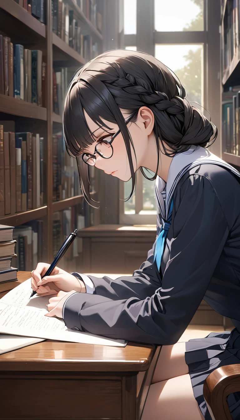 One Girl(High resolution, masterpiece, accurate, Anatomically correct), ((Glasses、Slightly red cheeks、He is writing at his desk with a serious expression.、))(((Library、Barely、Sitting in a chair)))、(Landscape、Black Hair、、Straight bangs、Braid)、((school uniform))、Highest quality, Ultra high definition, High-resolution model、From the knee up、Close-up of profile