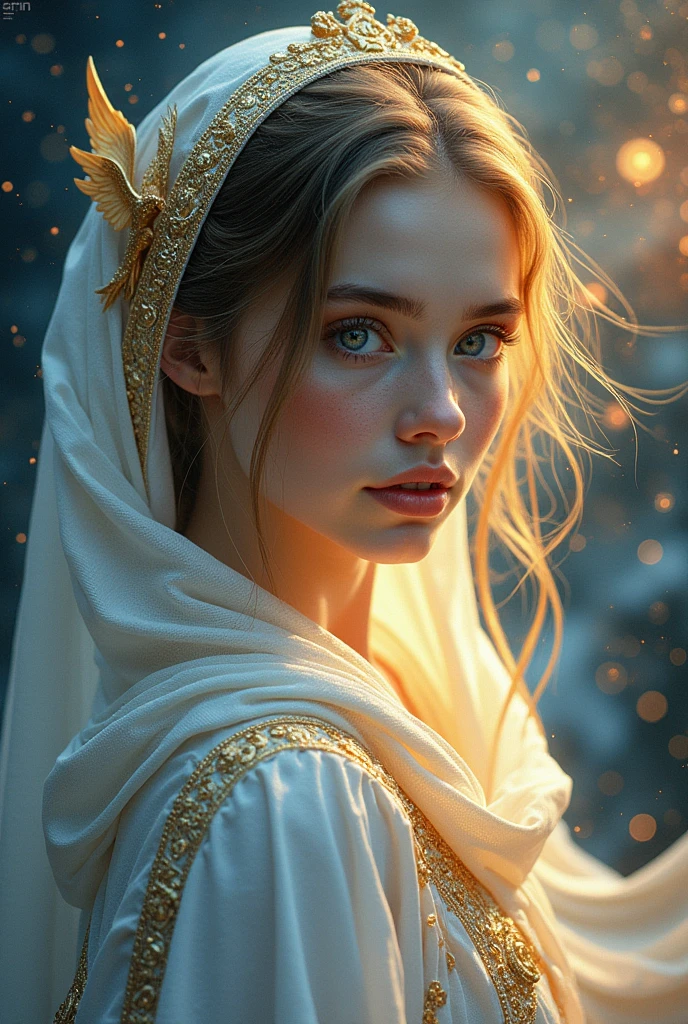 (masterpiece, Top quality, best quality, Official Art, beautiful and aesthetic:1.2), (1 Girl), Extremely detailed eyes, (Fractal Art:1.3), rich and colorful, The most detailed, (Perfect face), Glowing skin, HDR, (white cloak golden lines:1.2), galaxy, (Light stripes), Eye-Catching Visuals, (Dynamic Stripes, Luminous trails:1.2), Vibrant colors, (Phoenix), (dragon)