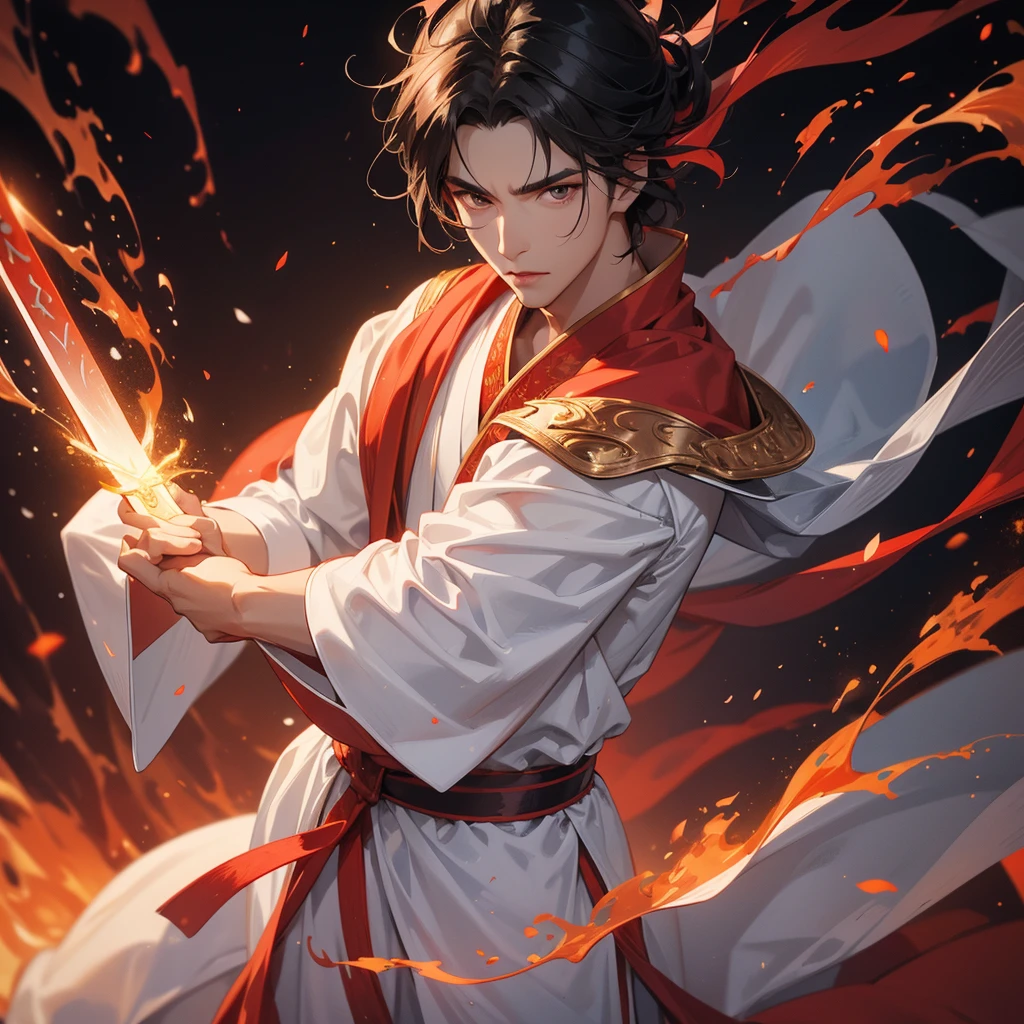 A Handsome black-hair male holding a large sword in white hanfu dress, Background is a volcano, lava erupting red, close up.