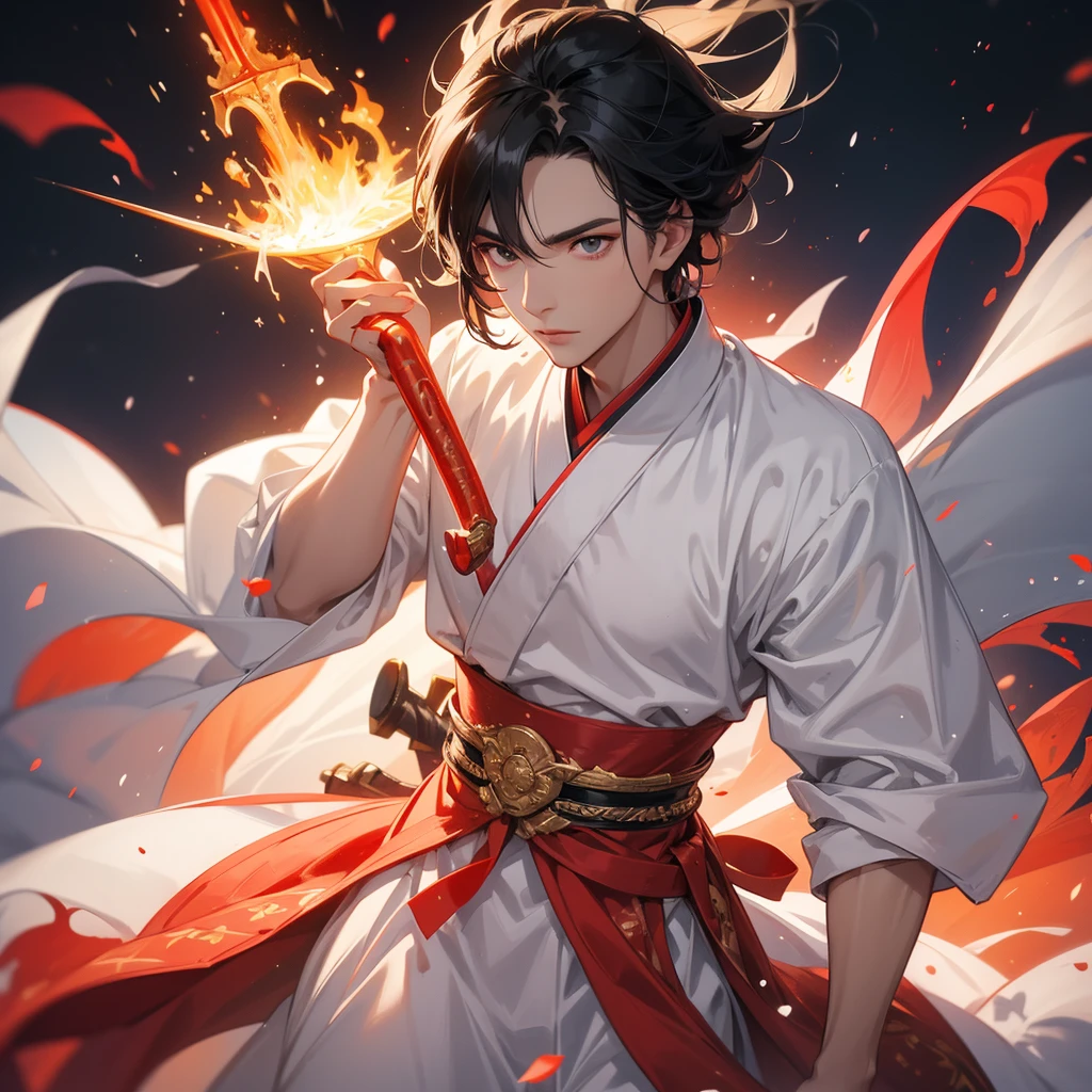 A Handsome black-hair male holding a large sword in white hanfu dress, Background is a volcano, lava erupting red, close up.
