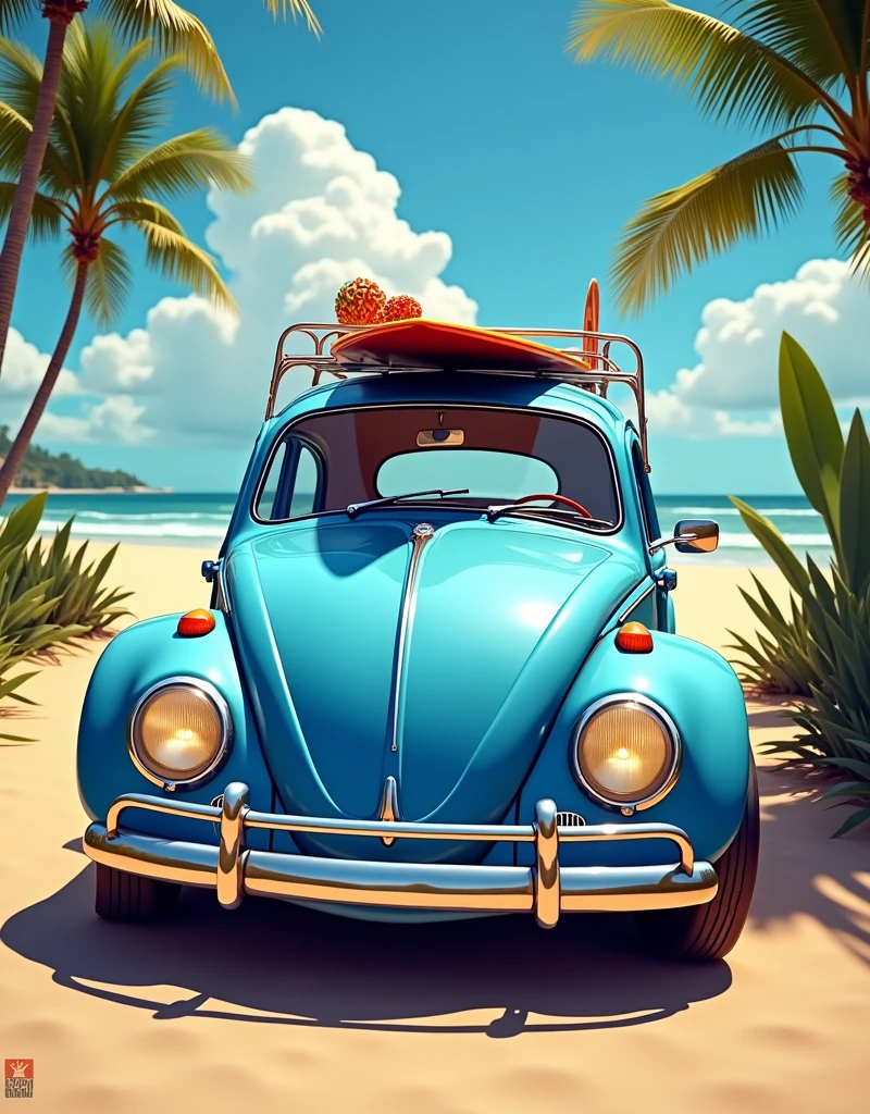 portrait of a blue volkswagen beetle with surfboard on top, highly detailed illustration, retro illustration, hyperrealistic digital art, 8k hdr, volumetric lighting, cinematic lighting, dramatic lighting, photorealistic, hyper detailed, extremely detailed, intricate details, vivid colors, vibrant colors, dynamic composition, detailed textures, glossy car body, realistic reflections, perfect proportions, realistic shadows, ambient occlusion, ray traced, physically based rendering, high resolution, beautifully crafted, expertly rendered, masterful illustration, digital painting, digital art, vector art, cartoon style, cartoon illustration, vibrant colors, dynamic lighting, dramatic angles, classic car, 1960s styling, vintage volkswagen, iconic beetle, surfboard on roof, outdoor scene, summer vibes, tropical paradise, beach lifestyle, California dreaming, retro aesthetic, nostalgia, timeless design