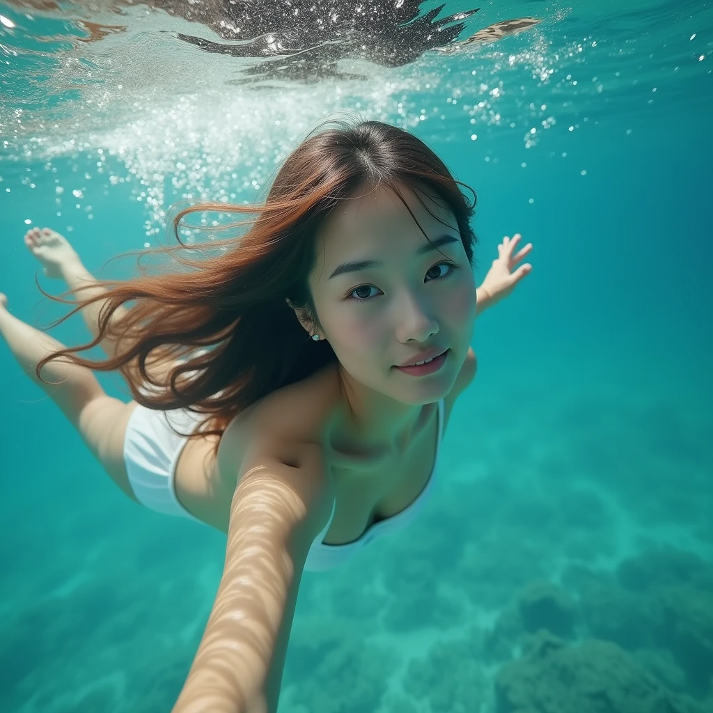 High resolution of a brown-haired Japanese woman swimming in the ocean with a shy smile inviting you to swim with her, masterpiece, Anatomically correct, Highest quality, High detail, Textured skin, Ultra-detailed, Cinematography, no make up, bare skin