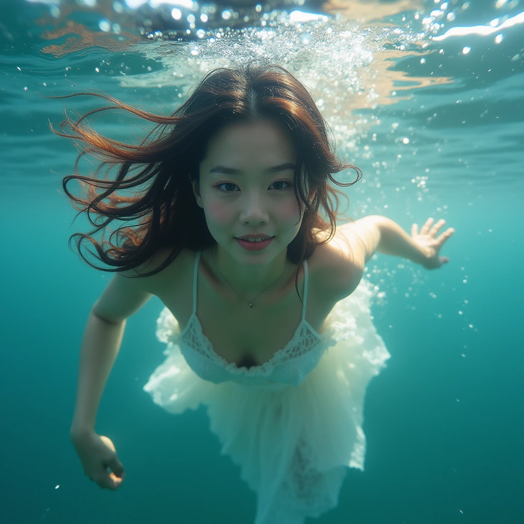 High resolution of a brown-haired Japanese woman swimming in the ocean with a shy smile inviting you to swim with her, masterpiece, Anatomically correct, Highest quality, High detail, Textured skin, Ultra-detailed, Cinematography, no make up, bare skin