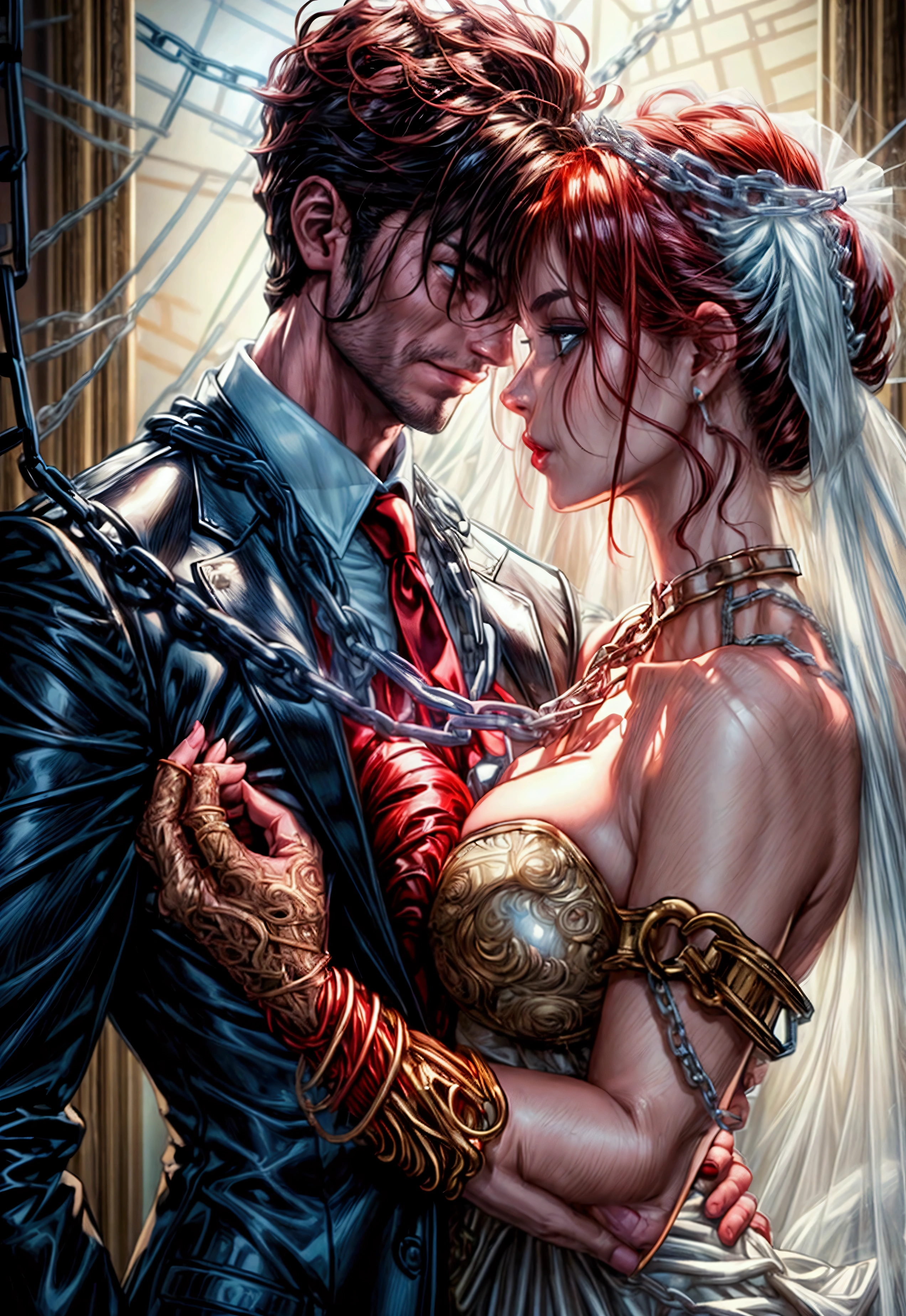 oil painting comic art, Julie Bell art of a groom held by ((radiant chains: 1.2)), in his wedding day and his bride, a handsome groom, wearing suit and tie, BREAK AND a beautiful, sexy bride, busty bride, wearing white lace wedding dress, the chain holds the groom, with chains, the chain forms the shape of red glowing heart, cinematic light, High Detail, Ultra High Quality, High Resolution, 16K Resolution, Ultra HD Pictures, Ultra Realistic, Clear Details, Realistic Detail, Ultra High Definition, rpg portrait, chain leash, Comistyle