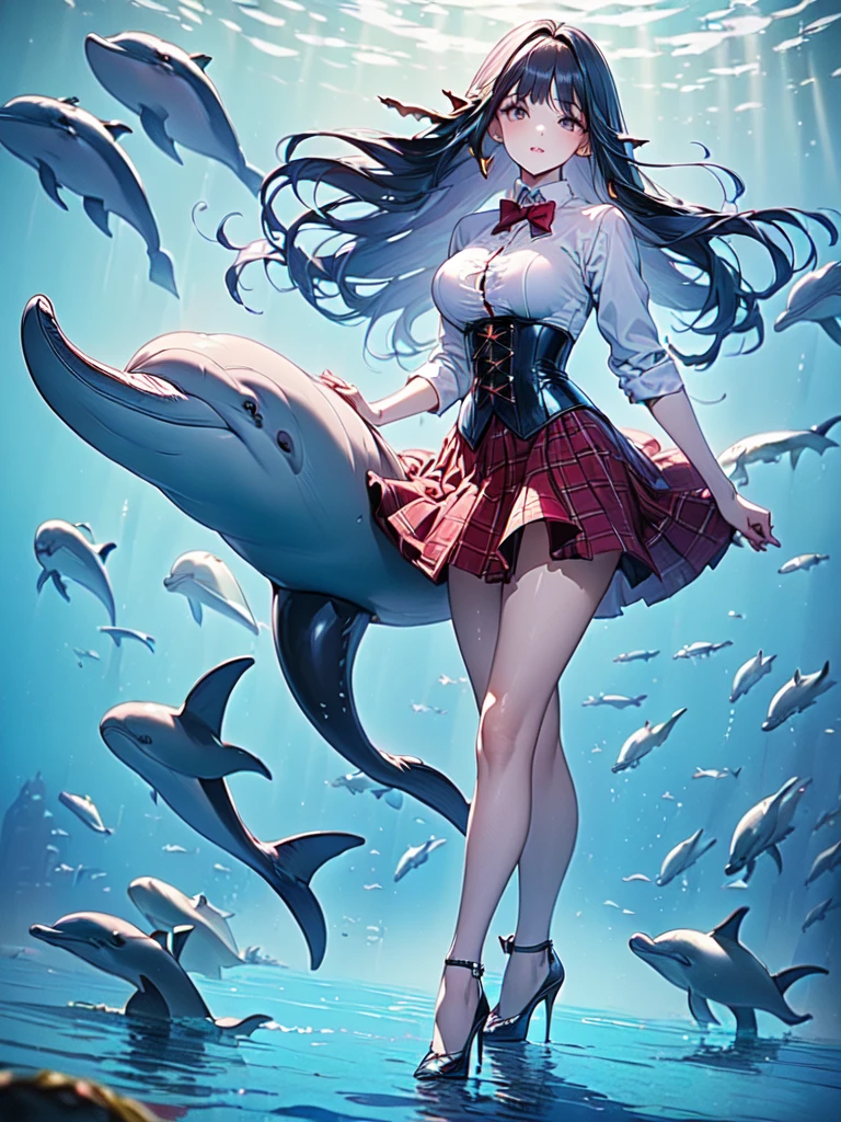 (masterpiece, best quality, highest quality, Masterpiece, 8k:1.5), (kawaii:1.2), (Full Body Shot,Including face,1girl,Focus on the face,Symmetrical facial features), Beautiful woman, (slender), ((High heels)), Detailed depiction of the face, Black Eyes, (Red checked skirt,corset,uniform), (multiple:-1.2),(Dolphin,aquarium:1.5)
