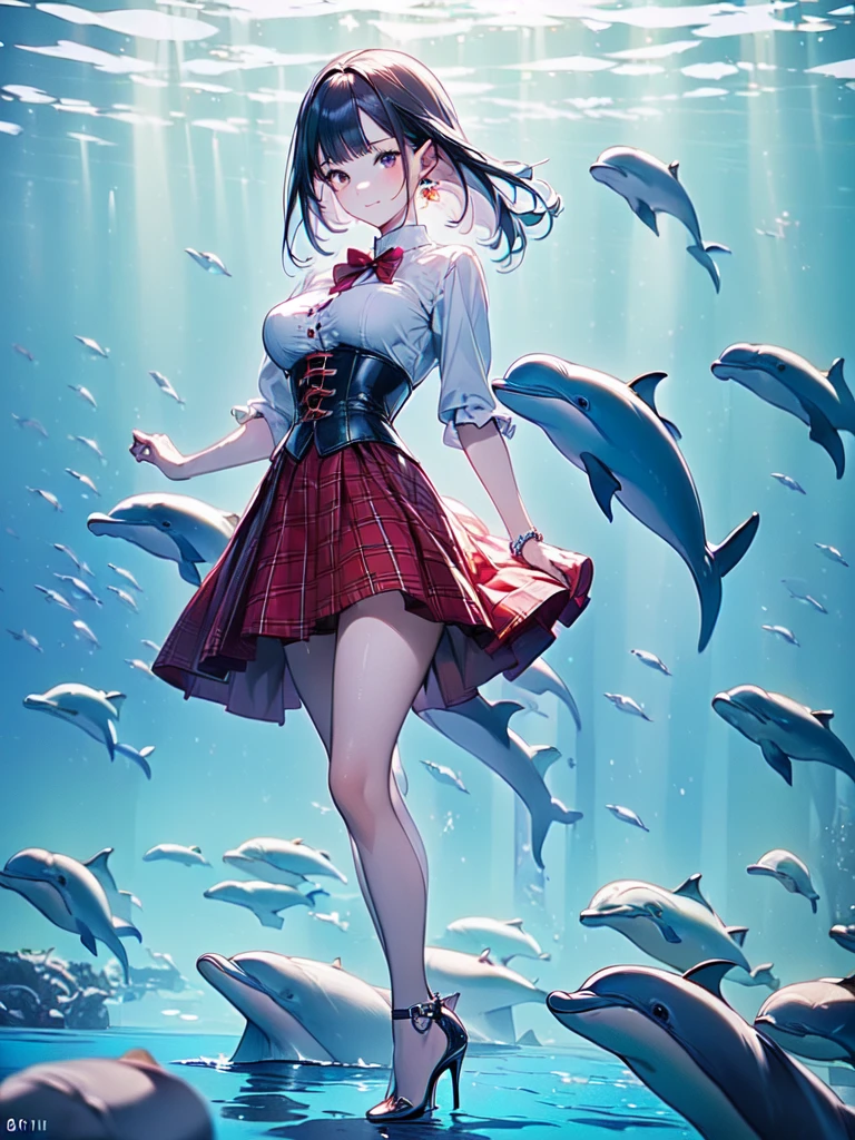 (masterpiece, best quality, highest quality, Masterpiece, 8k:1.5), (kawaii:1.2), (Full Body Shot,Including face,1girl,Focus on the face,Symmetrical facial features), Beautiful woman, (slender), ((High heels)), Detailed depiction of the face, Black Eyes, (Red checked skirt,corset,uniform), (multiple:-1.2),(Dolphin,aquarium:1.5)