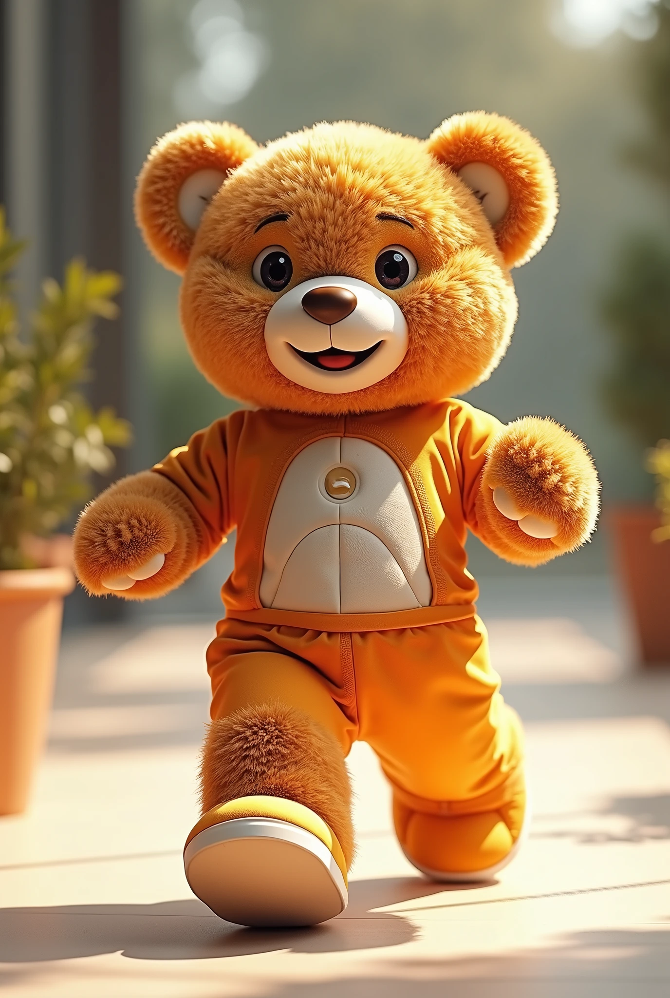 A healthy and smiling luxury teddy bear, representing the health benefits of the products. He could be portrayed in an active pose, as if exercising or playing sports. The mascot could interact with the influencer in photo shoots, videos and advertisements, promoting the health benefits of products.
