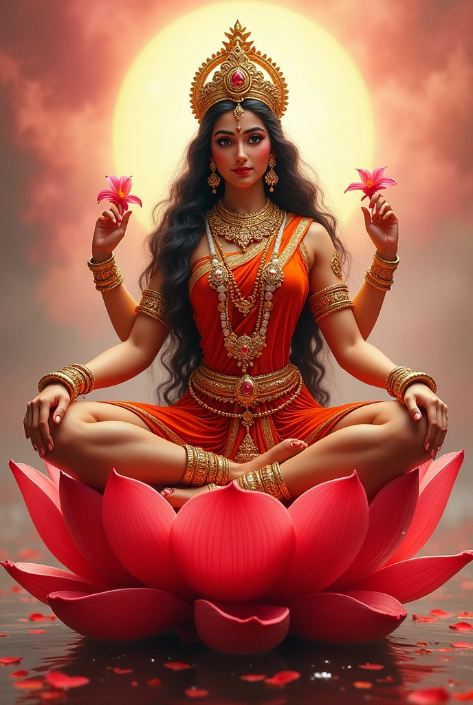 Create a high resolution image of Maa Durga wearing red saree, sitting on a red Lotus, her beautiful feet showing with anklets and all kind of jewellery on her body. Give her Indian facial features and make it look like a old water colour painting. The colour must be in saturated red colour, golden and white. Create a pinkish, golden glow around her body.